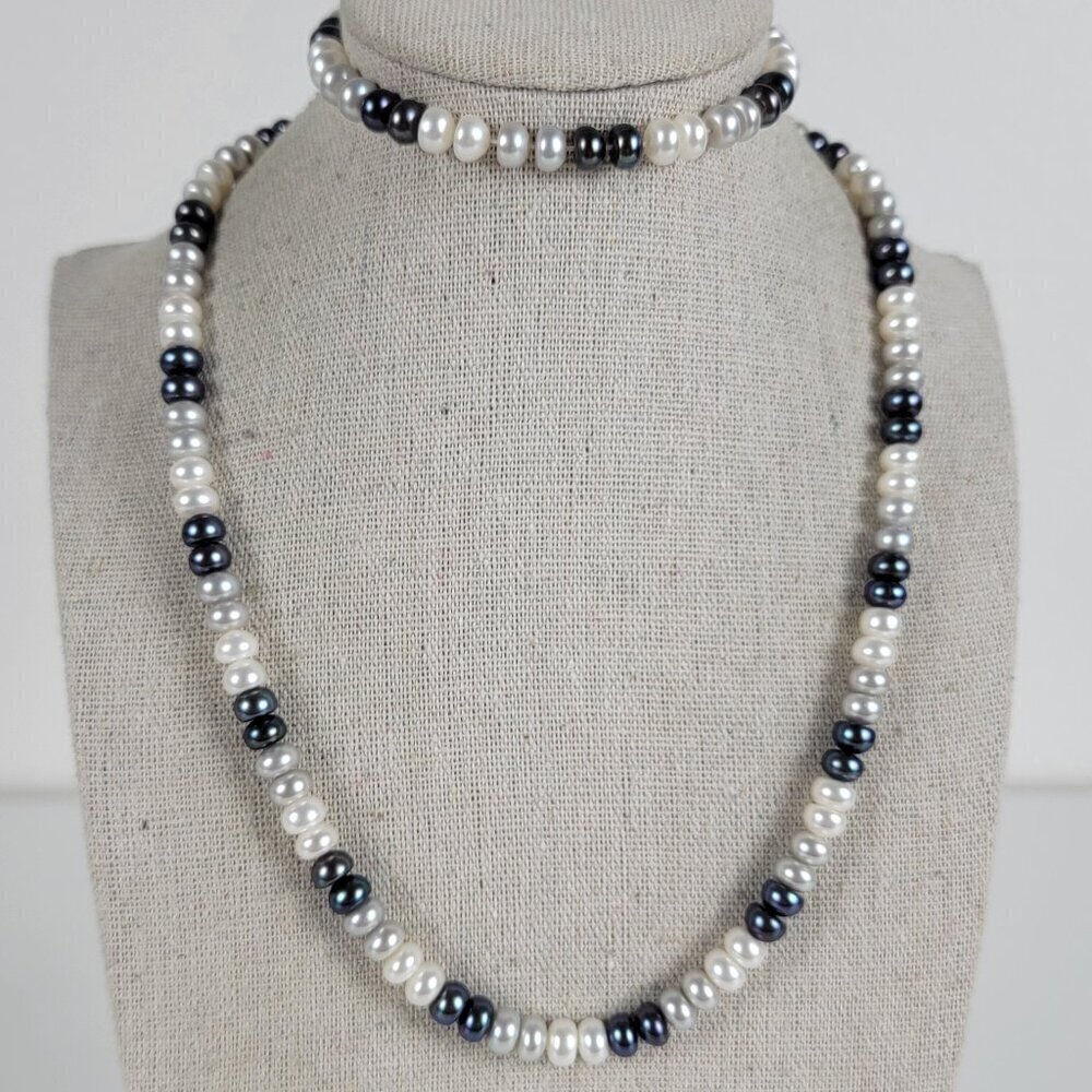White And Gray Freshwater Pearl Sterling Silver Beaded Necklace And Bracelet Set
